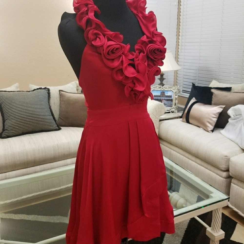 BEBE Red Rosette Ruffle SILK Dress – Size Small Halter Dress